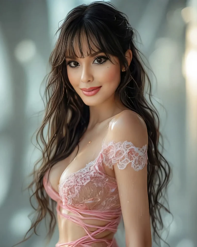 Saris Modelo Digital Ojos Castaños Cabello Castaño Largo, sonriendo, en Lencería Rosa.